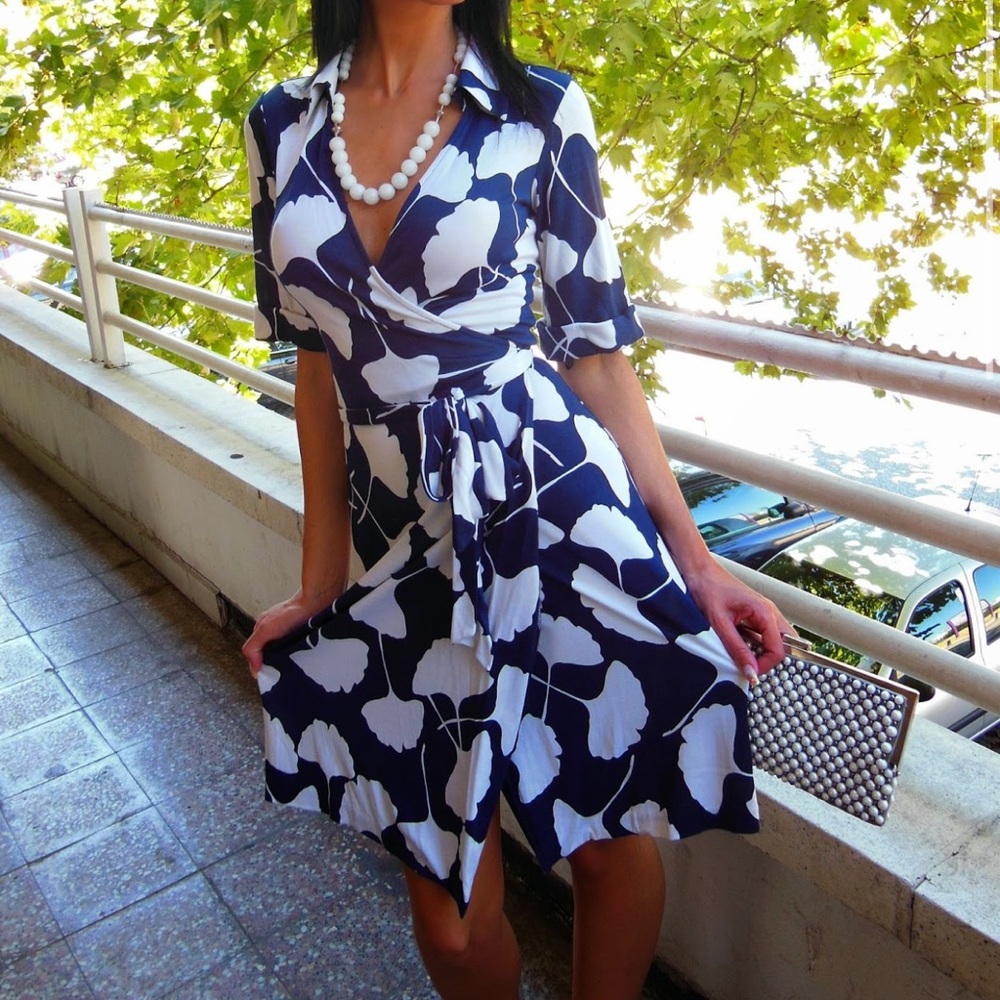 Diane Von Furstenberg Navy and White Wrap Dress